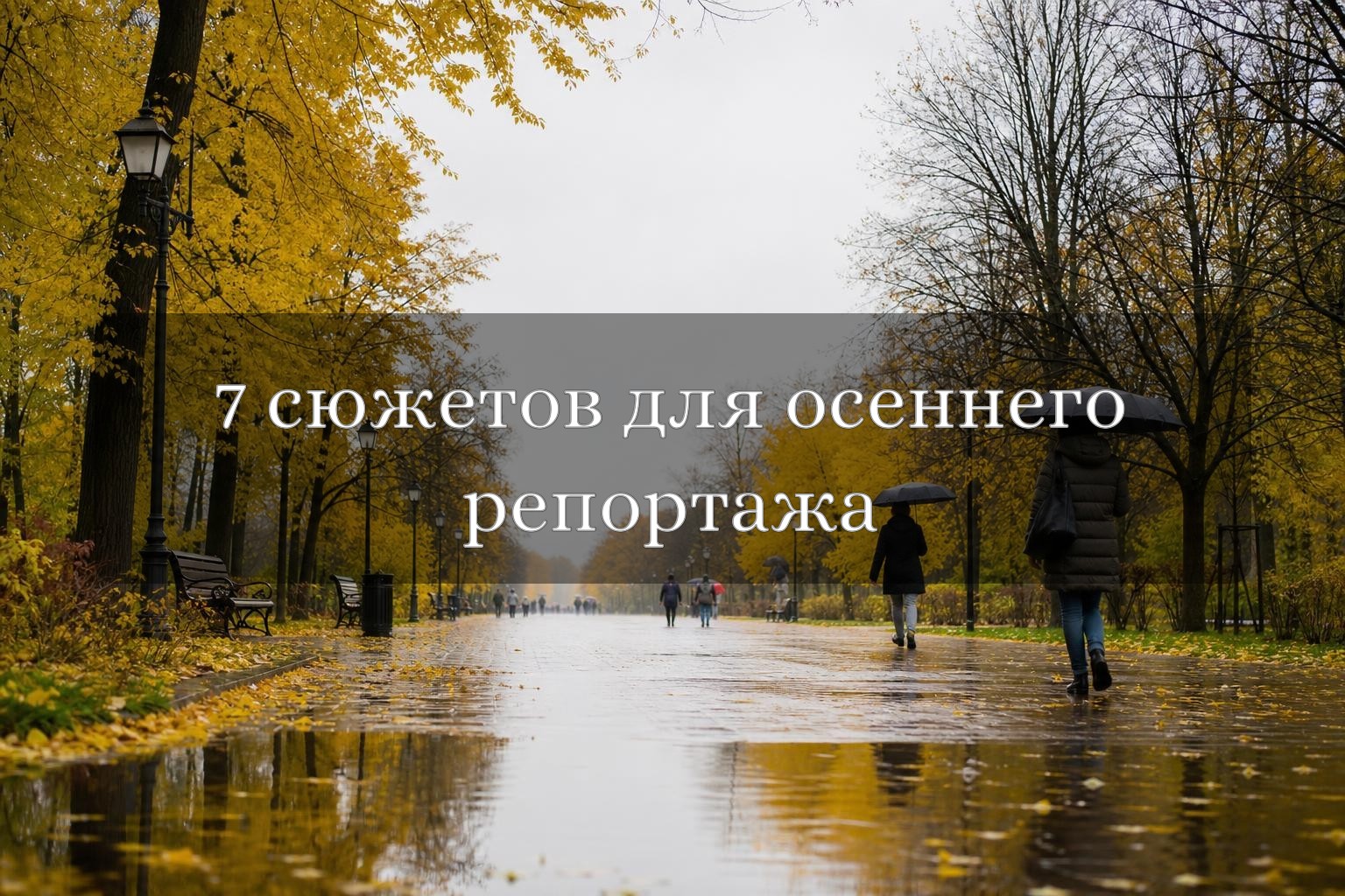 Фотограф снимает осеннюю сцену с прохожими в городском парке