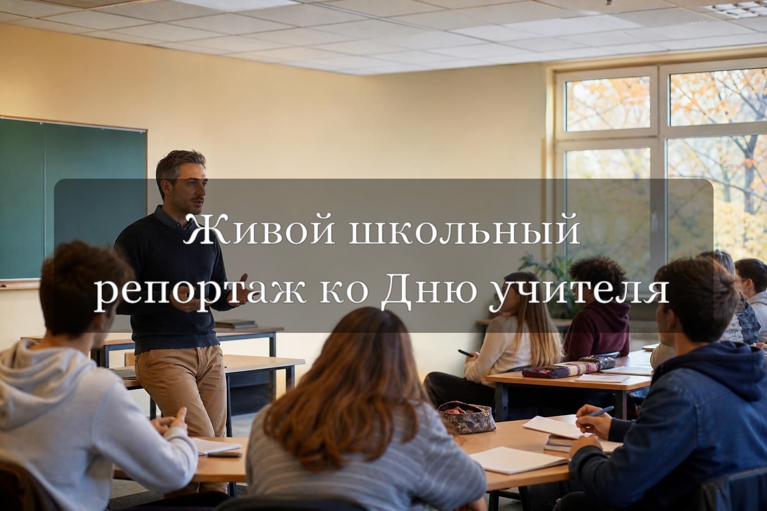 Учитель общается с учениками в светлом школьном кабинете во время живого репортажа