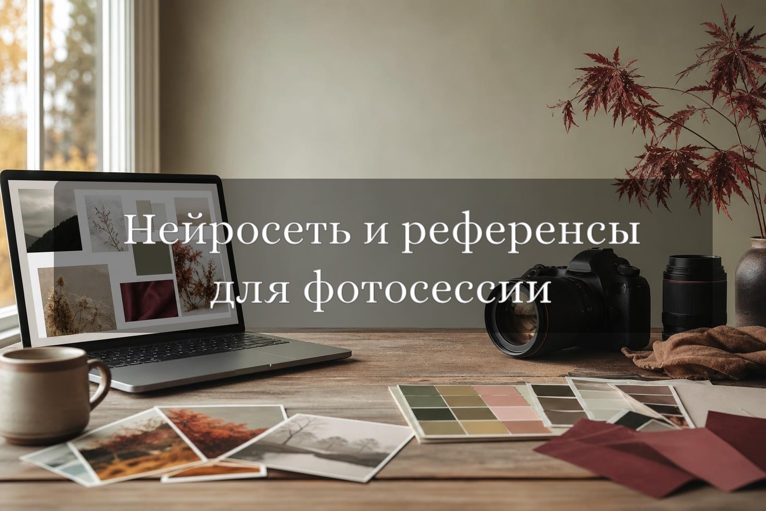 Фотограф собирает мудборд для осенней фотосессии на ноутбуке рядом с камерой и распечатанными референсами