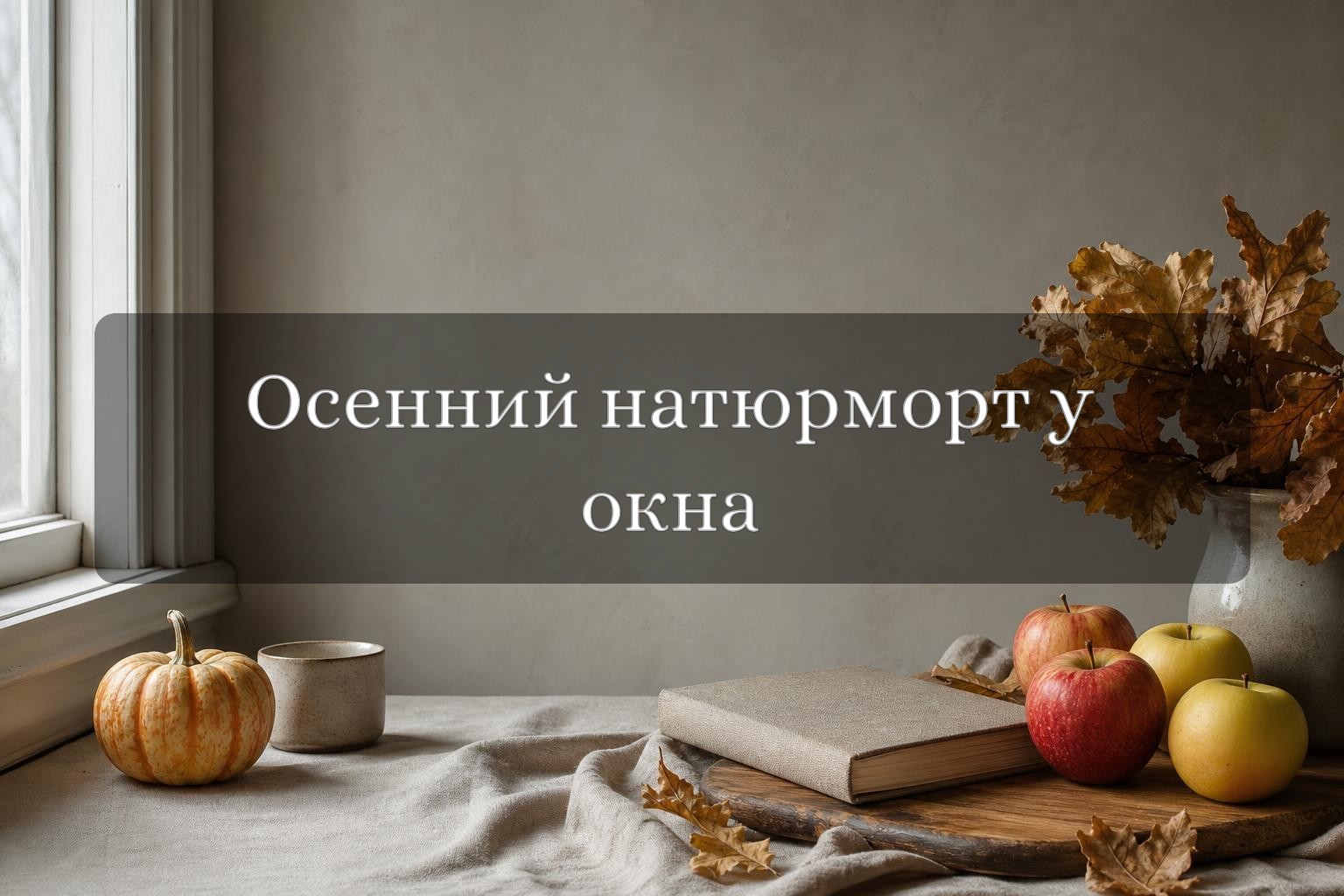 Осенний натюрморт из яблок, тыквы, книги и сухих листьев у окна с мягким боковым светом