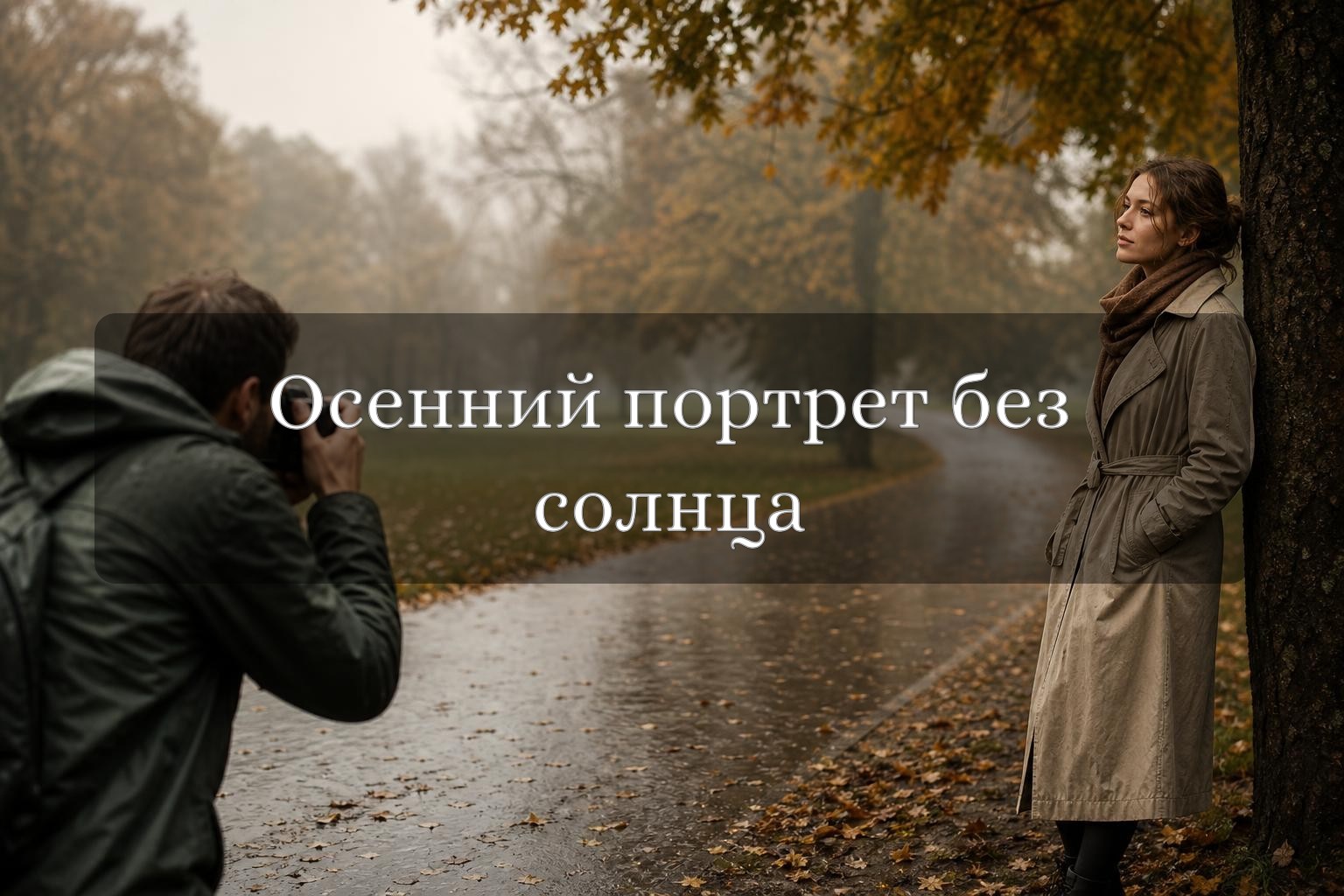 Фотограф снимает осенний портрет девушки в парке в пасмурную погоду