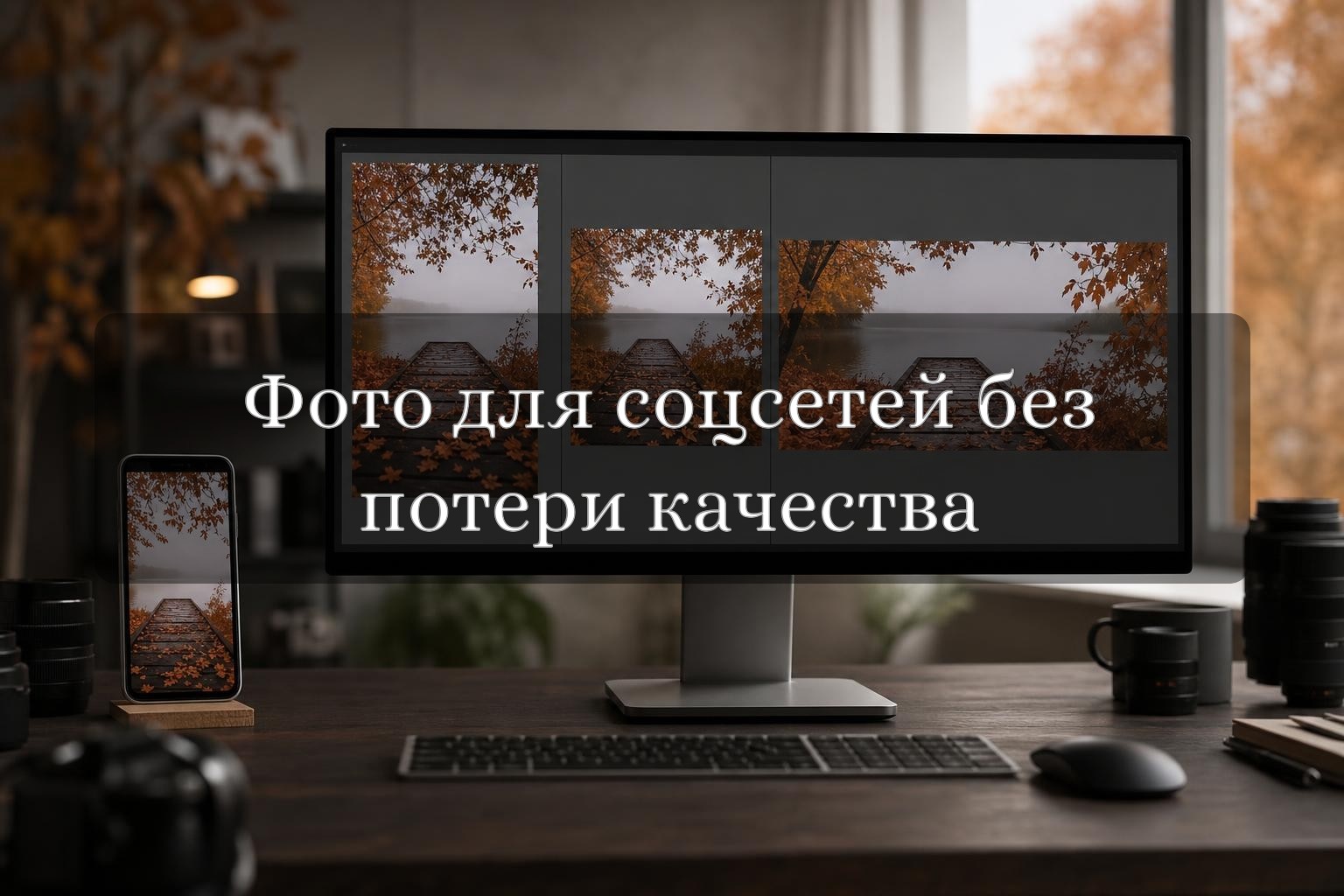 Фотограф подготавливает вертикальные, квадратные и горизонтальные снимки для публикации в соцсетях на компьютере