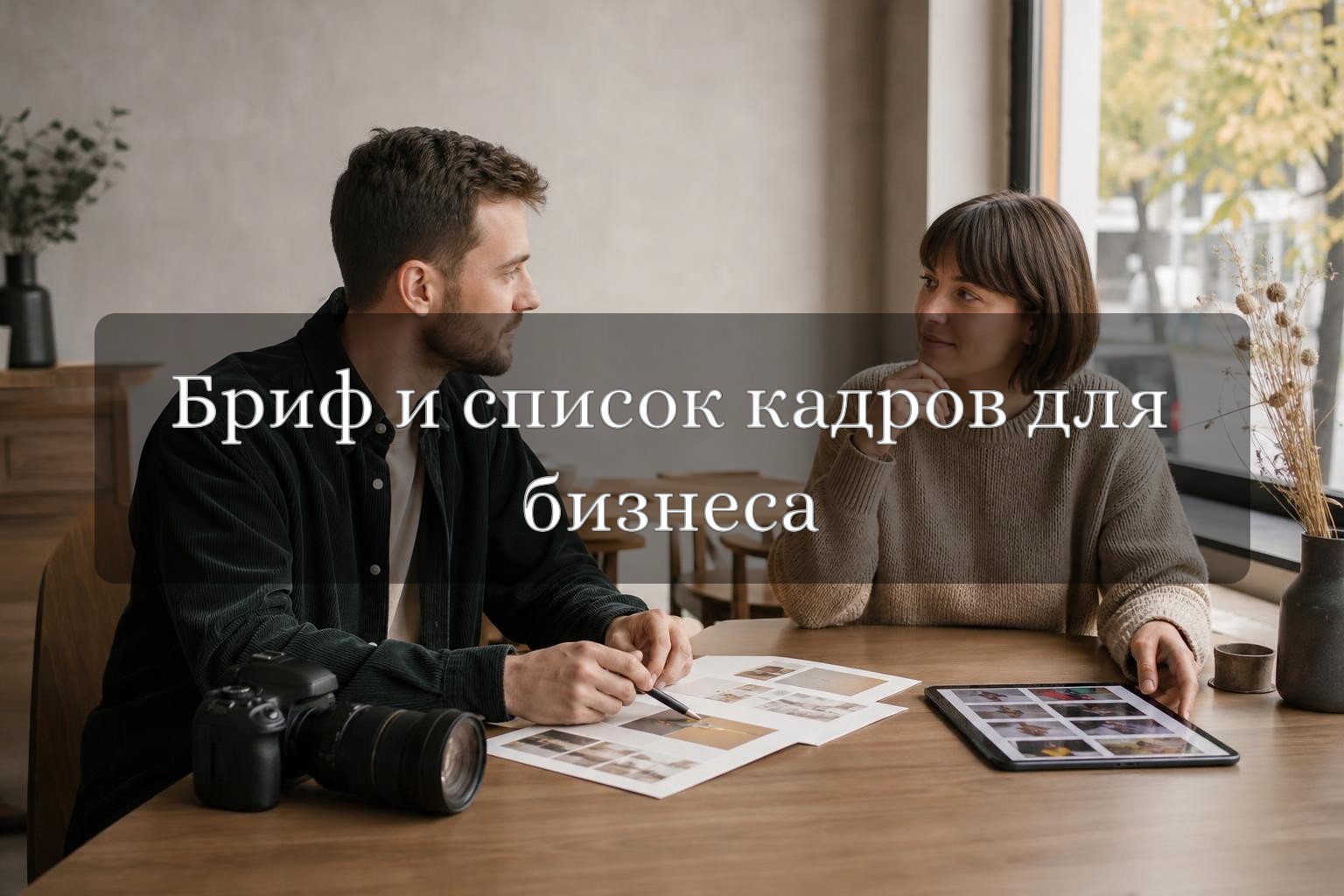 Фотограф обсуждает с владельцем небольшого бизнеса бриф и список кадров перед коммерческой съёмкой