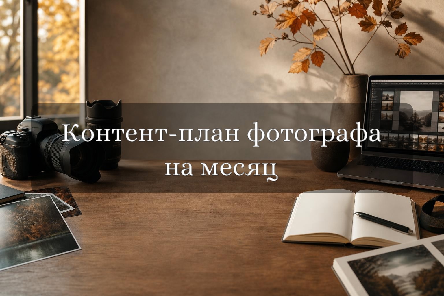 Фотограф планирует публикации на месяц за рабочим столом с камерой и ноутбуком
