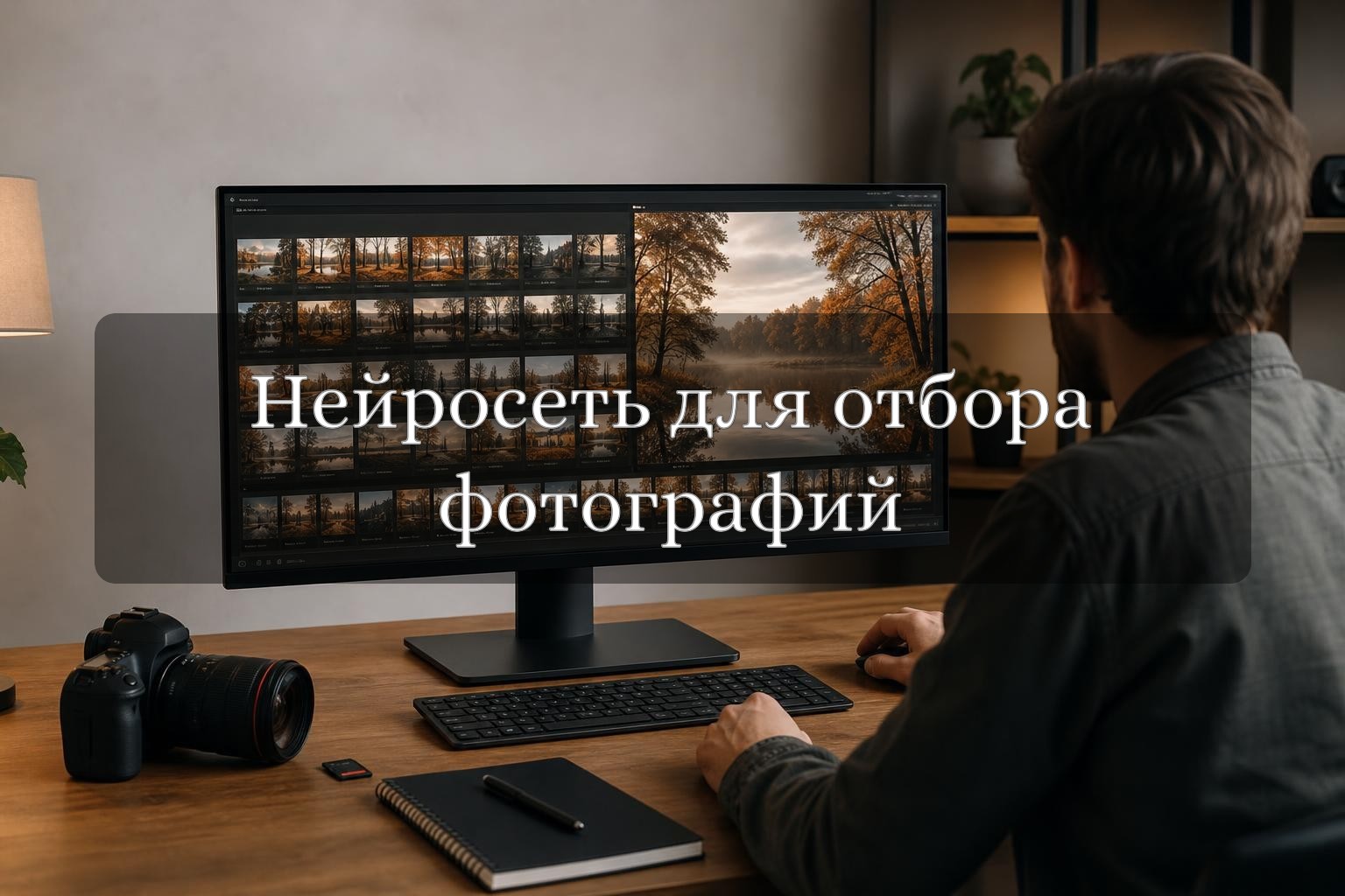 Фотограф отбирает кадры из большой серии на мониторе