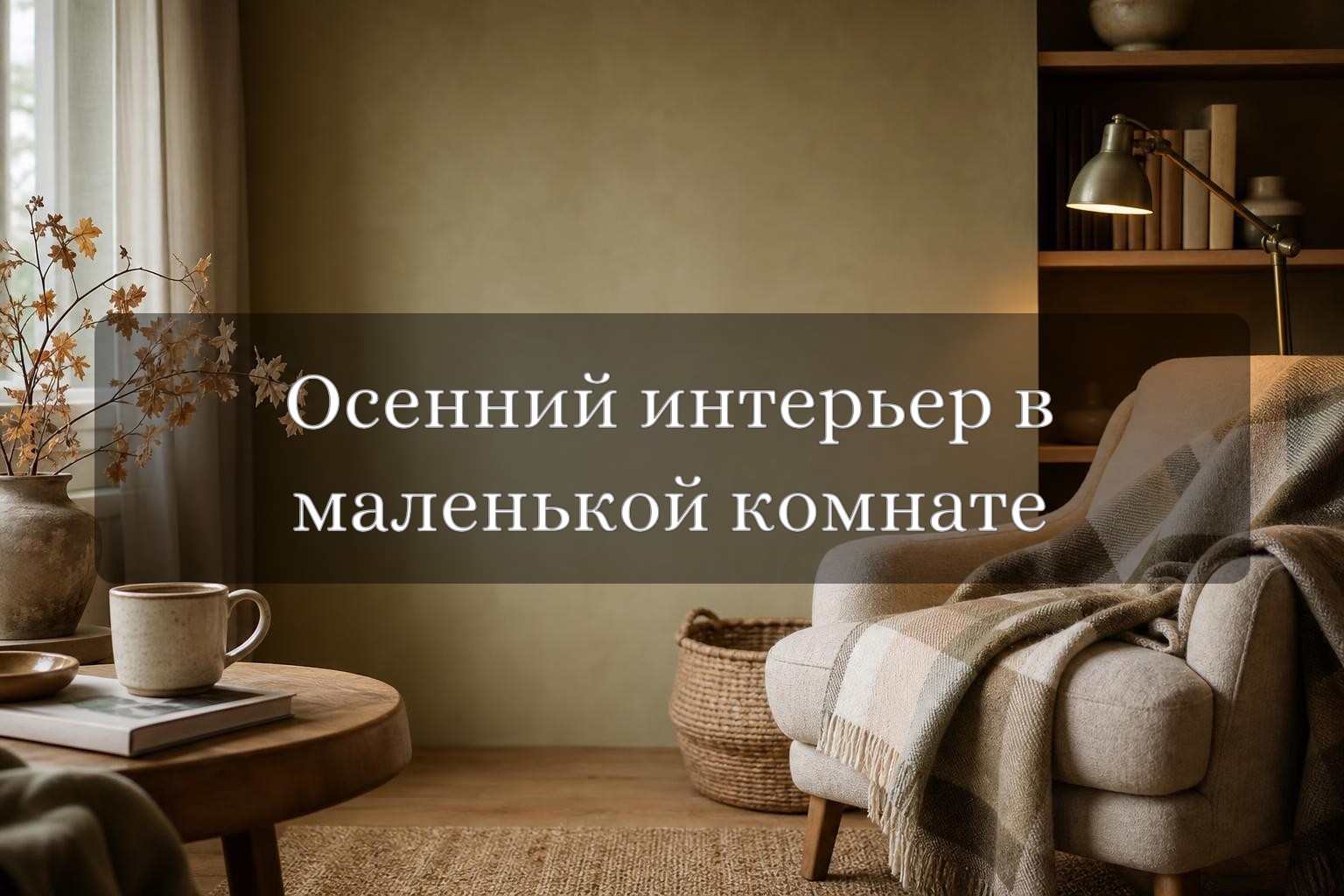 Уютный осенний интерьер в маленькой комнате с креслом, пледом, чашкой и ветками в вазе