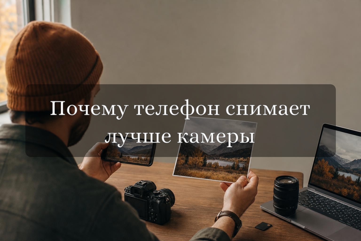 Фотограф сравнивает снимок на смартфоне и кадр с дорогой фотокамеры на экране
