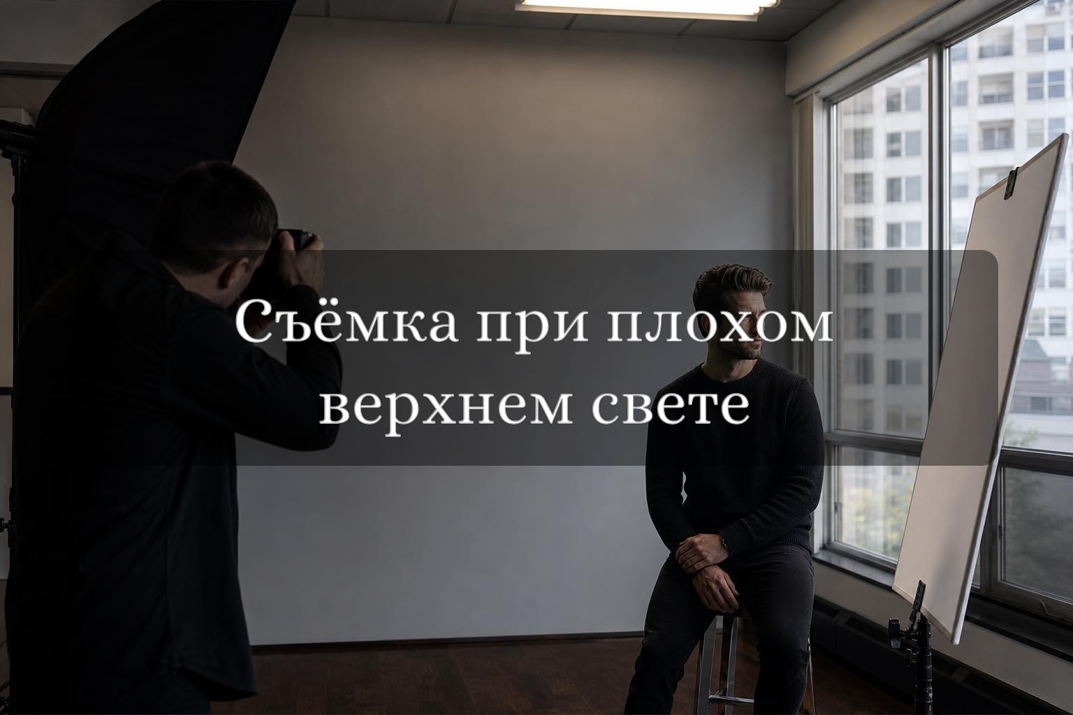 Фотограф снимает человека у окна в помещении с потолочными лампами